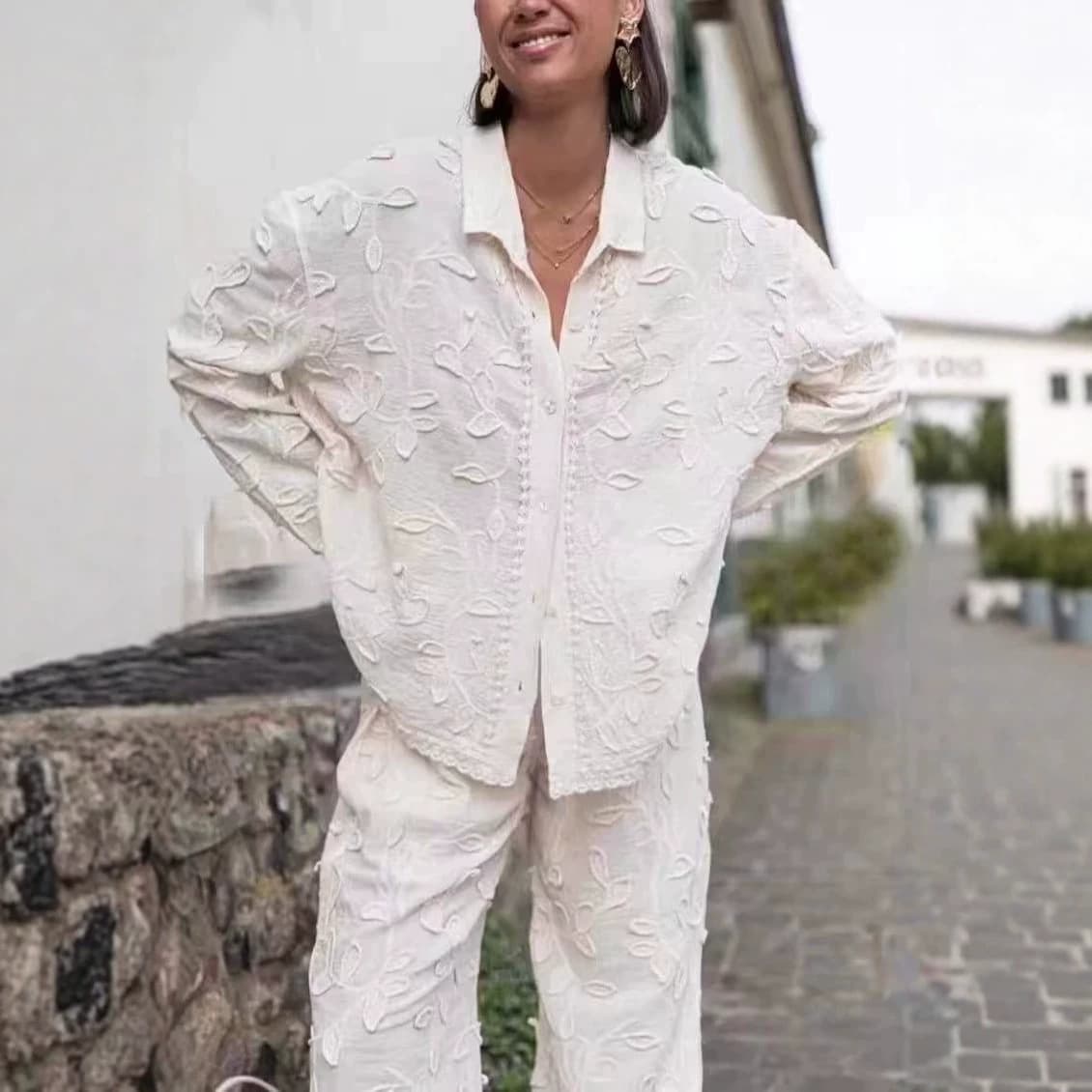 Korean-Style Women's Outfit: Mature Yet Youthful Style, Heavily Embroidered Crochet Loose Long-Sleeve Cardigan, High-Waisted Wide-Leg Pants Set, Trendy
