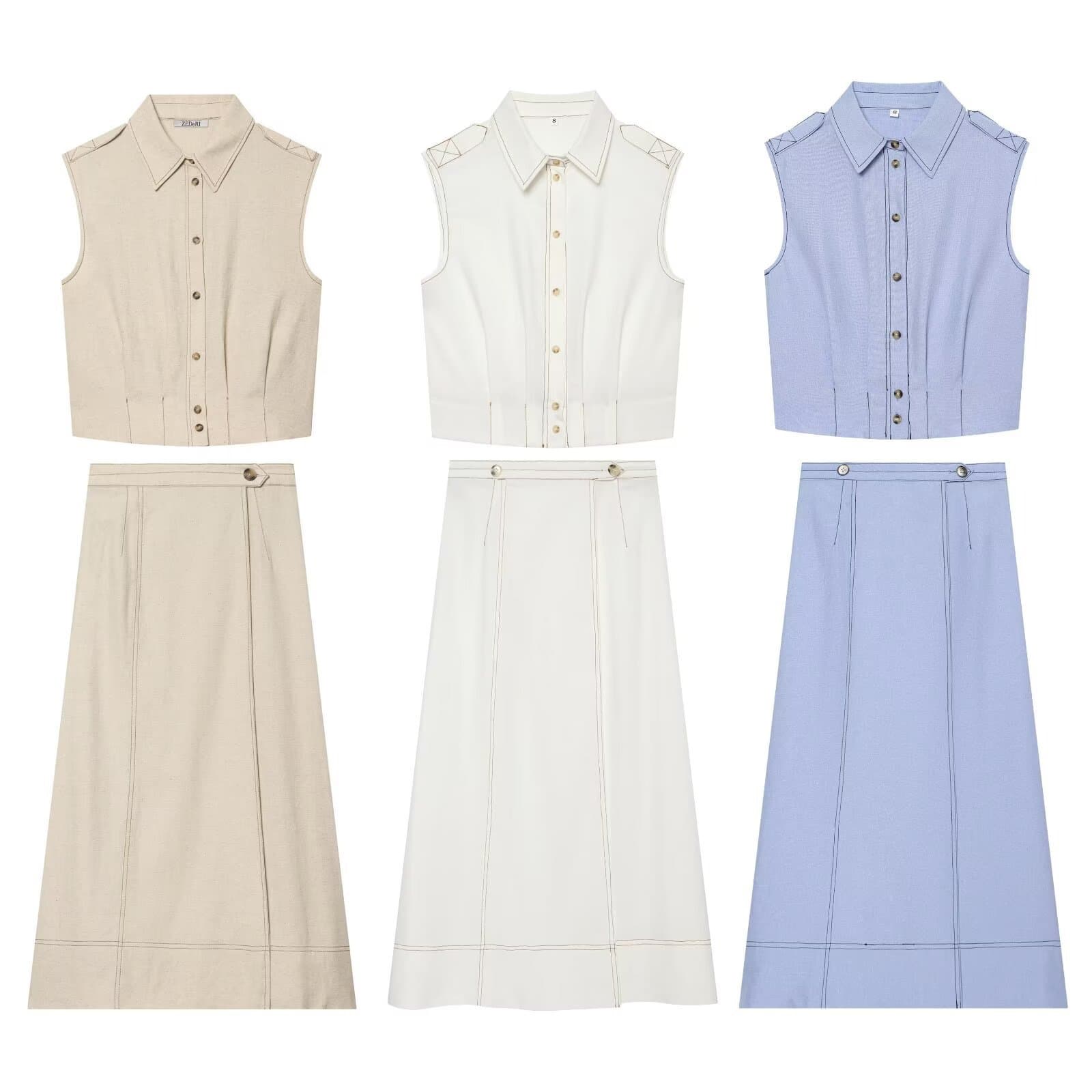 Wholesale 2026 Summer New European-American Style Women's Solid Color Top and Skirt Set 1824 Top White
