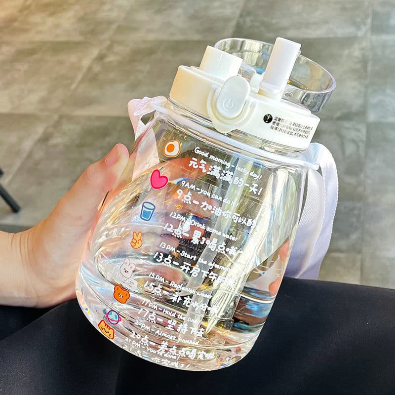 Large Capacity Water Bottle for Women, Summer Strap Straw Tummy Cup, Cute Student Children's Water Bottle, Internet-Famous High-Aesthetic Kettle