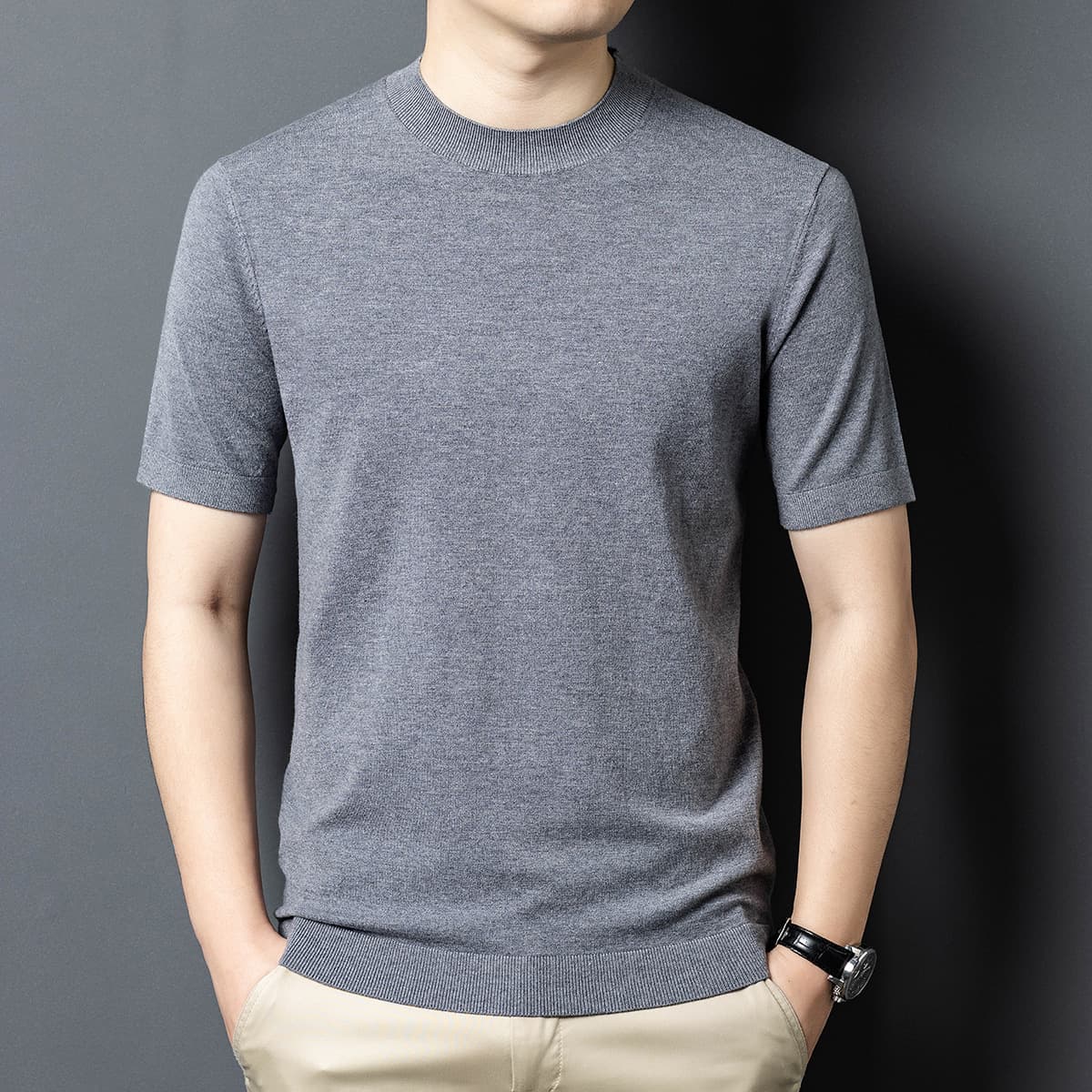 Solid Color Wool Men's Sweater Premium Short Sleeve Casual Business Base Layer High-End Dad Knit Top T-Shirt
