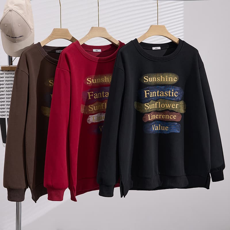 Autumn/Winter Style Plus Size Women's Clothing Round Neck Fleece-Lined Print Korean Version Slimming Loose Sweatshirt Long Sleeve Top S5695