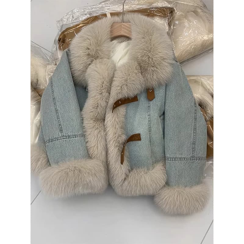 Fox Fur Down-Lined Denim Jacket for Women, Winter New Thick Warm Cotton Coat