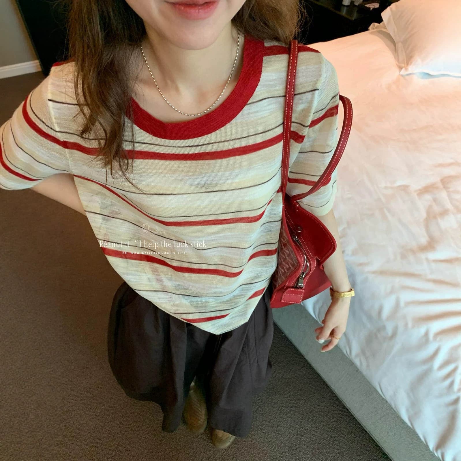 Peanut Summer Fashion Retro Striped Contrast Color Casual Round Neck Short Sleeve Knit Top Women 113350