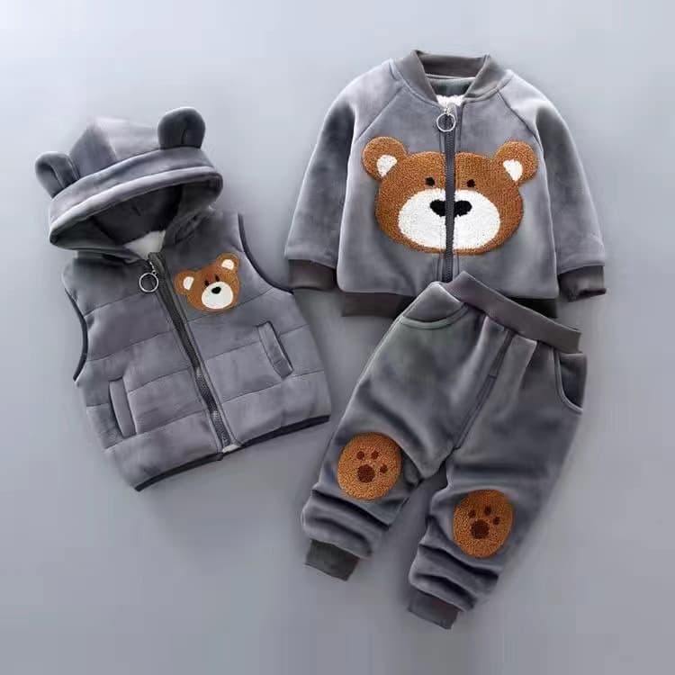 Winter Baby Fleece-Lined Thickened Three-Piece Set for 1-4 Years, Embroidered Bear Design, Infant Winter Outfit