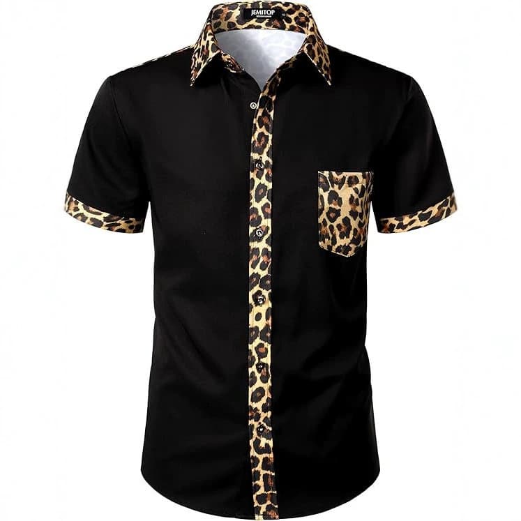 Men's Short Sleeve Turn-Down Collar Shirt Fashion Casual Summer Leopard Print Color-Block Shirt 3D Printed Top Four-Way Stretch