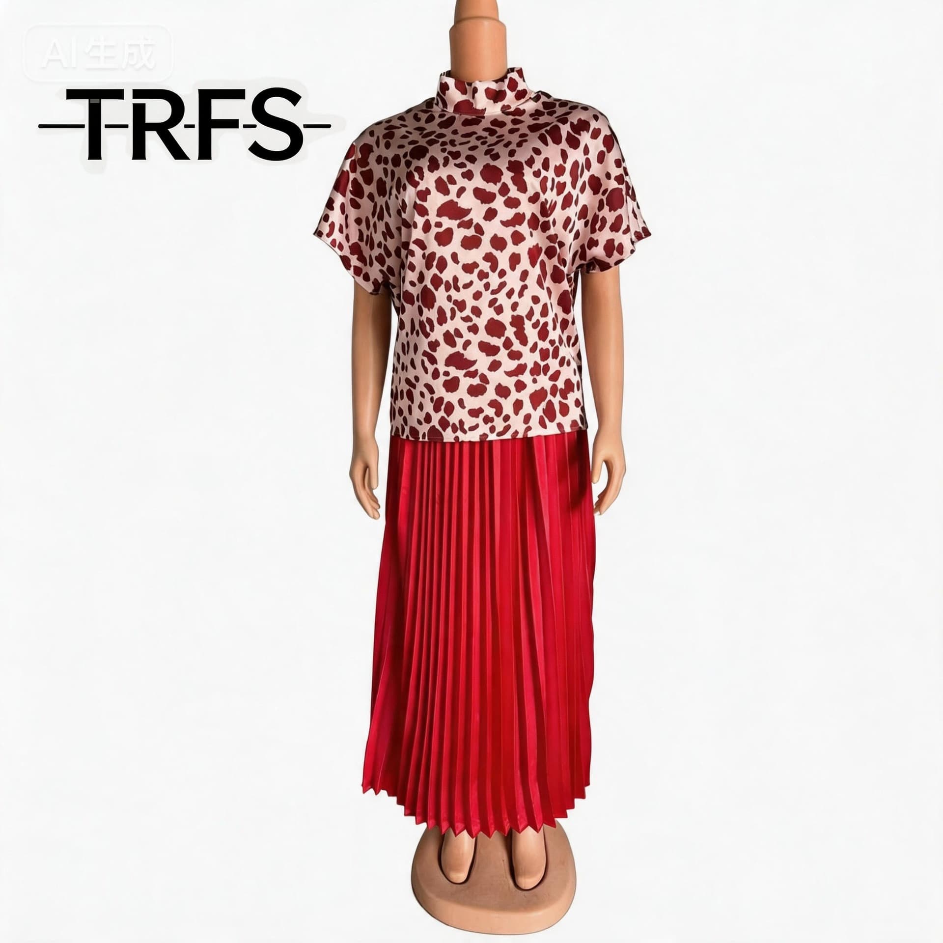 2026 Summer New Leopard Print Stand Collar Top Printed T-Shirt with Pleated Skirt Contrast Color Two-Piece Set Plus Size Women's Clothing