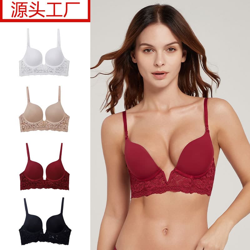 French Sexy Deep V Women's Lace Bra, Autumn Breathable Seamless, Big Bust Looks Small, Anti-Sagging, Wholesale