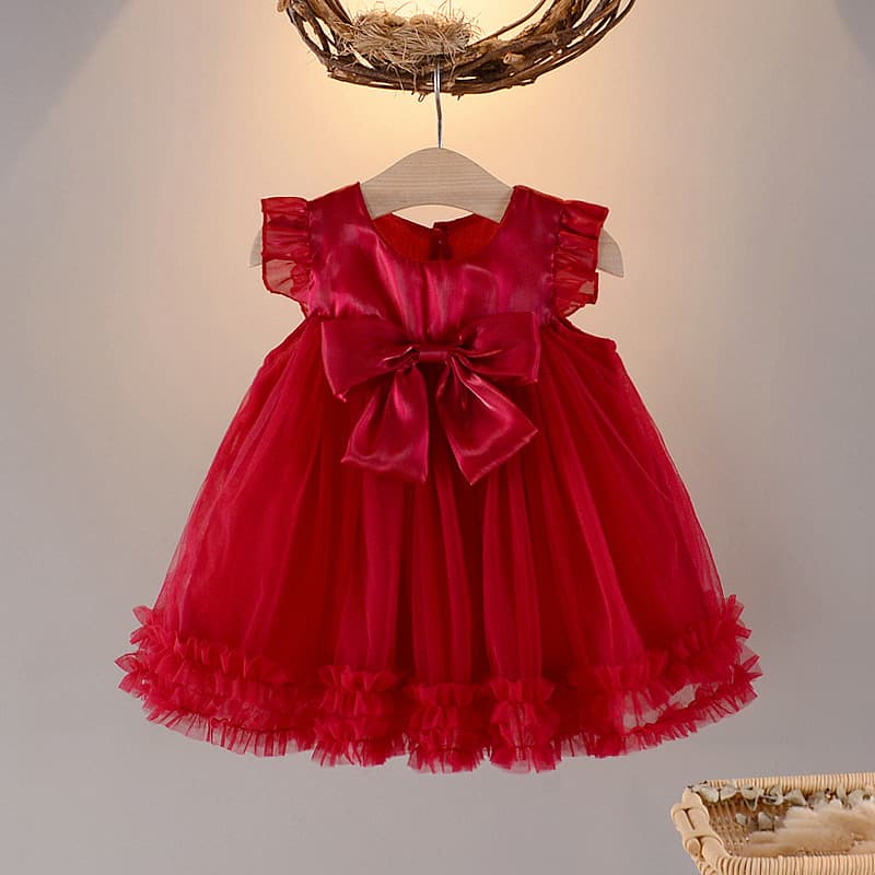 2026 Summer New Dress Butterfly Bow Mesh Red New Year Princess Dress Birthday Gown Stylish Girls Dress