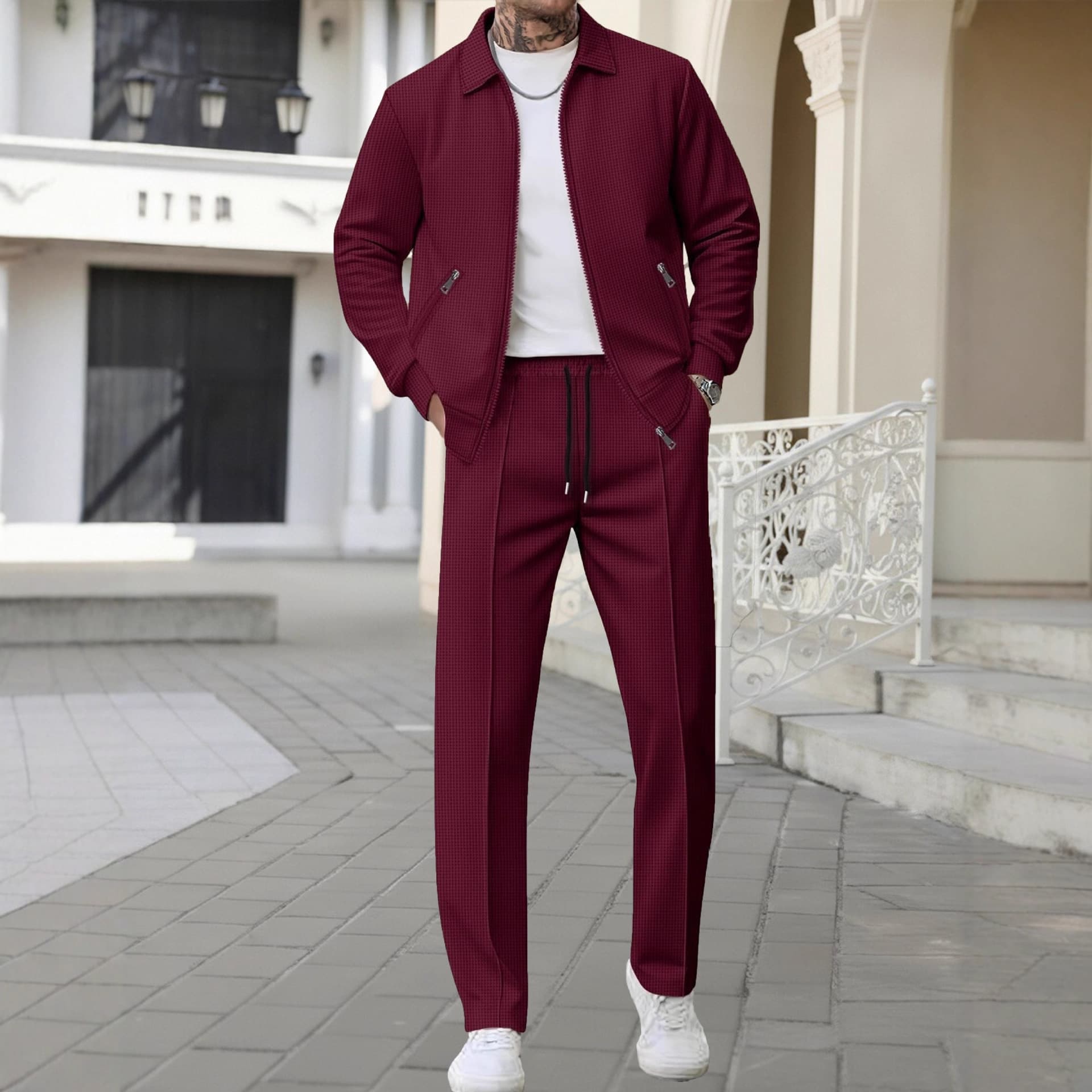 Amazon Spring and Autumn New Men's Waffle European and American Independent Station Foreign Trade Drawstring Sports Casual Pants Set
