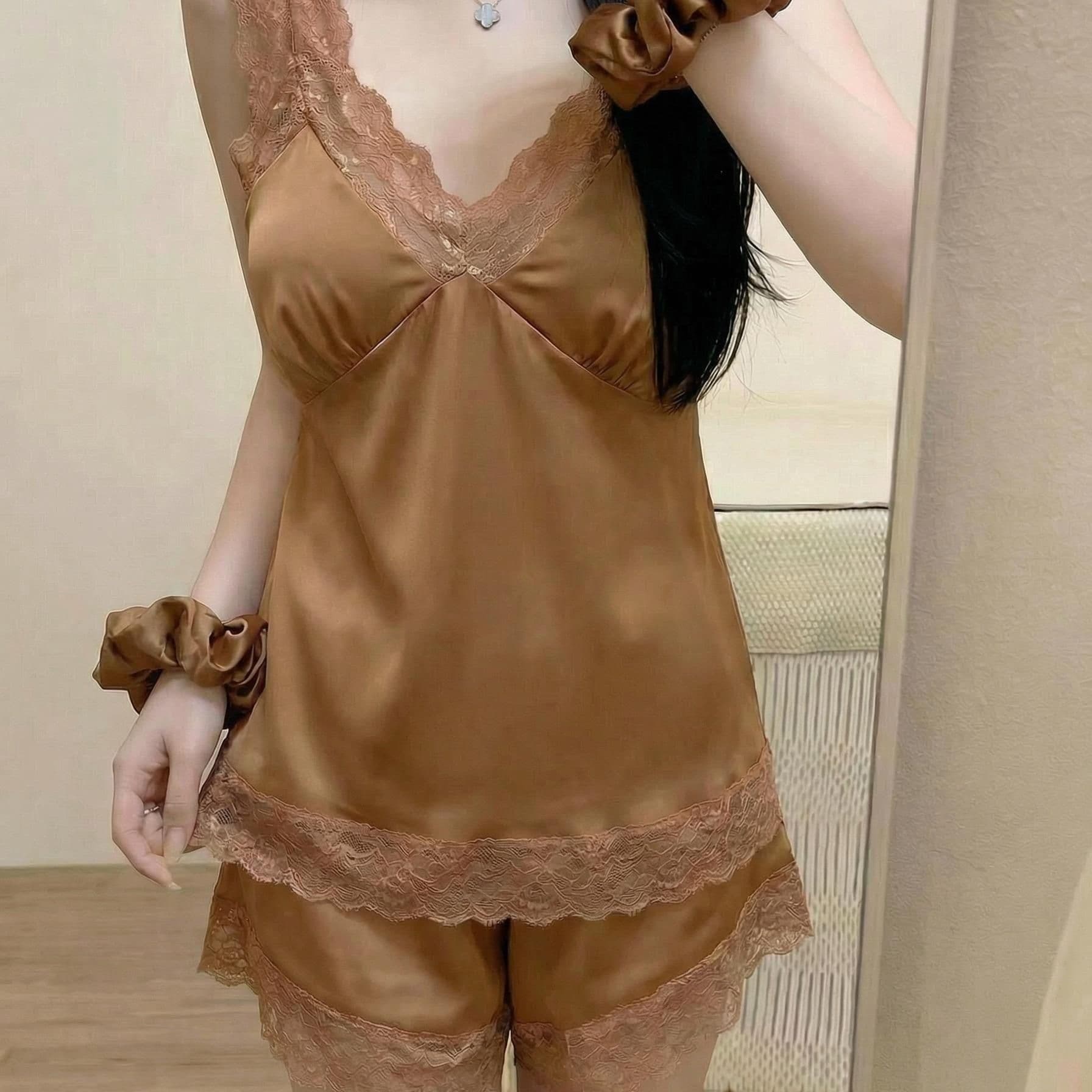 Factory Wholesale Premium Brown Lace Trim Padded Ice Silk Pajamas Women Summer New Simple Camisole Short