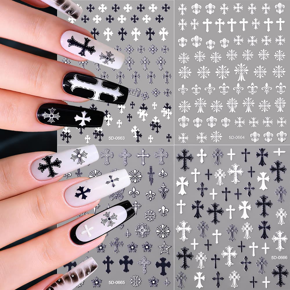 Three-dimensional embossed cross heart nail art sticker black and white color hot girl cross embossed nail decoration decal
