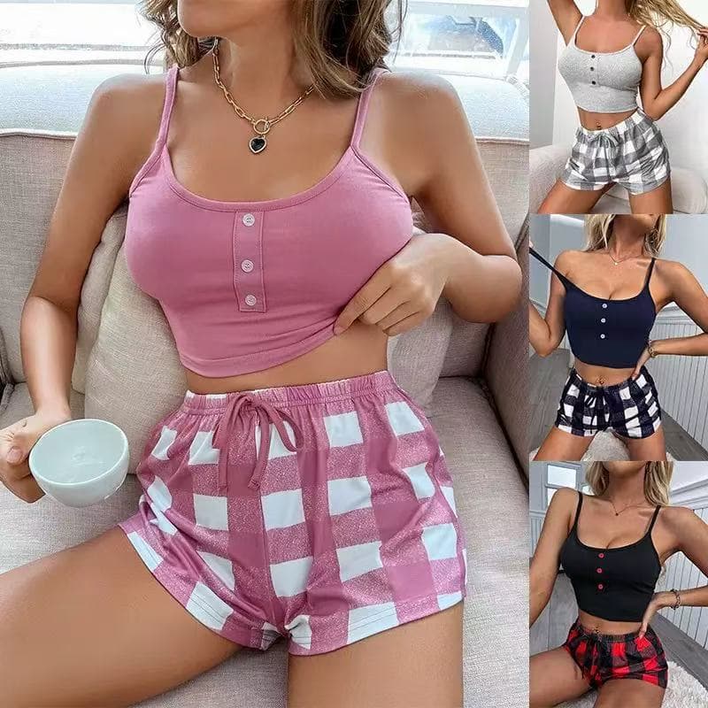 2025 spring new cross-border Amazon European and American tight-fitting feminine plaid printed suspender shorts pajama set