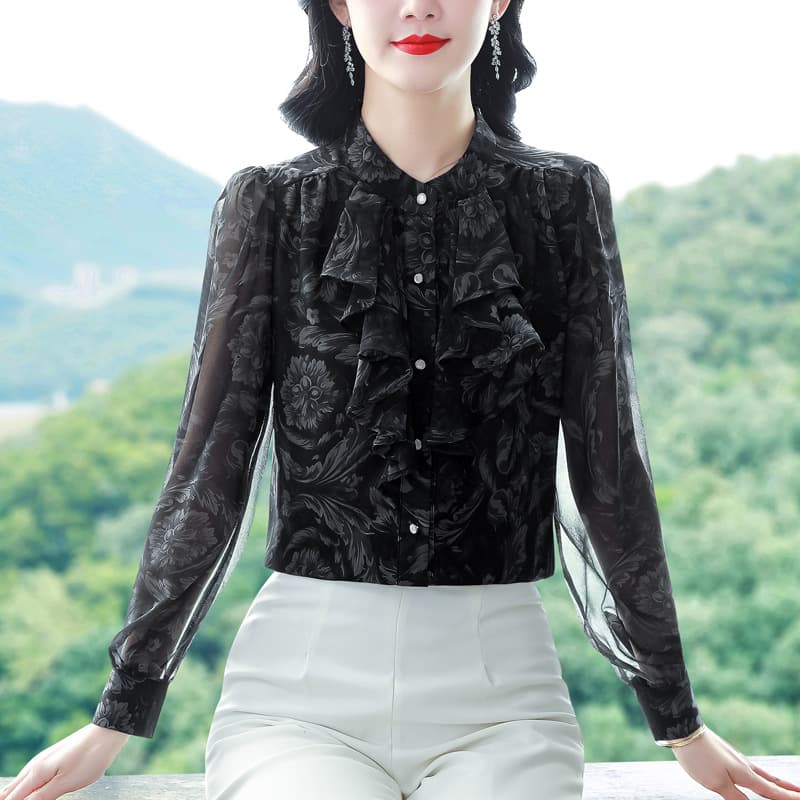 2025 Spring New Arrival Polyester Floral Print High-Neck Ladies Shirt with Noble Temperament