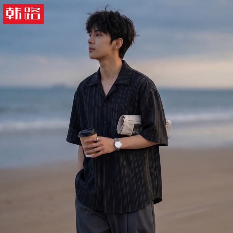Vintage Old Money Contrast Stripe Short Sleeve Shirt for Men Summer Style Cuban Collar Shirt Draped Fashion Brand Top Jacket