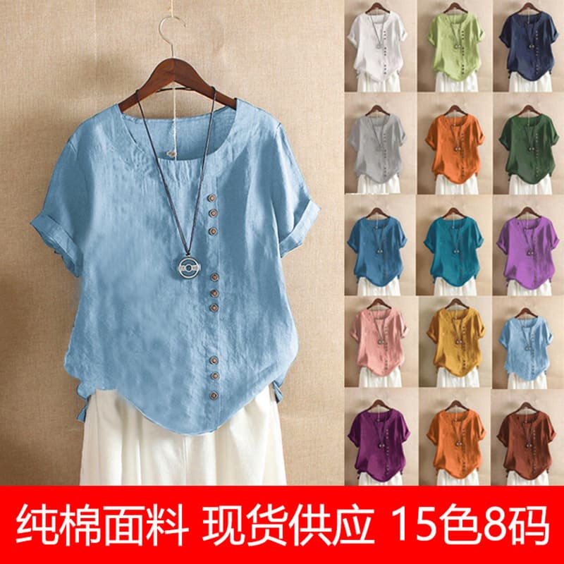 Cross-border Women's Cotton Linen Top Plus Size Casual Loose Cotton T-Shirt Women's Plus Size Clothing AMZ