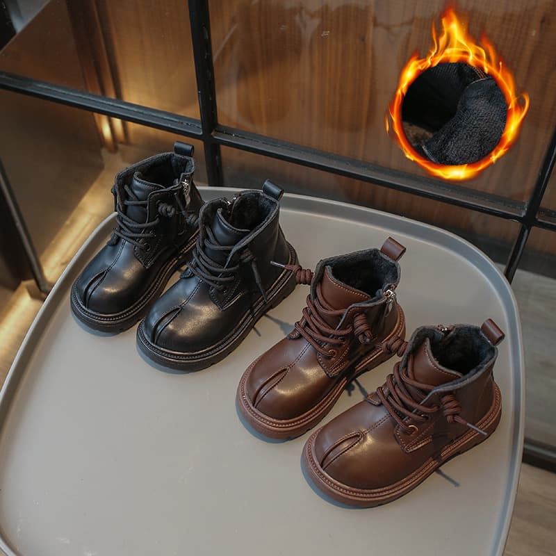 2025 Autumn/Winter New Style Stylish British Style Girls' Leather Boots with Fleece Lining and Two Layers of Cotton Pads