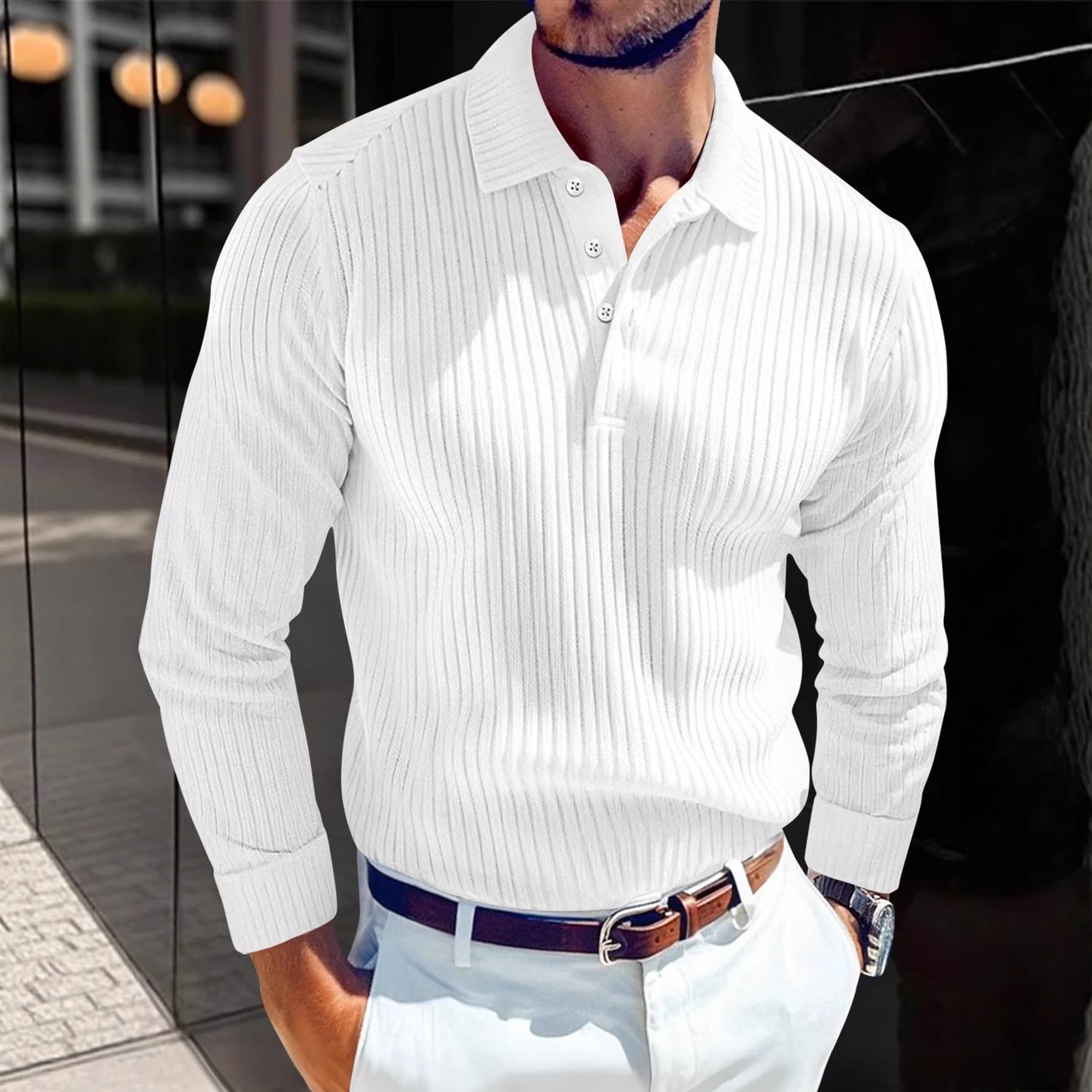 2025 New Cross-Border Amazon European and American Men's T-Shirt, Knit Polo Collar, Business Button-Down Slim-Fit Long-Sleeve Polo Shirt
