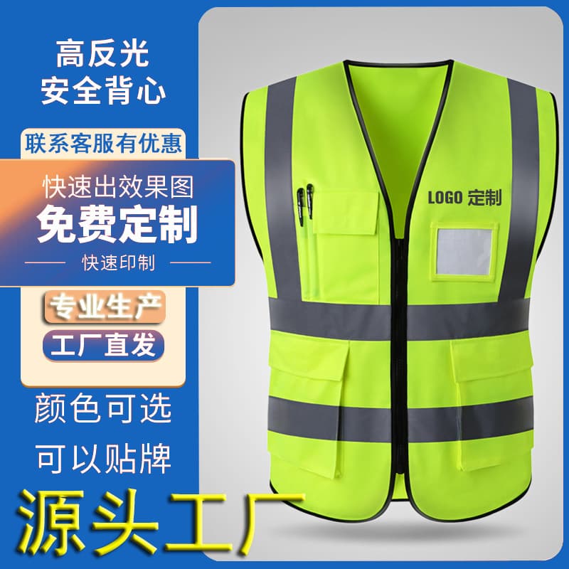 Multi-Pocket Fluorescent Yellow Reflective Vest High-Vis Safety Vest for Cycling Construction Work Factory Direct