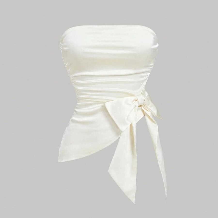 European and American Style Large Bow Tube Top Summer Slimming Versatile Off-Shoulder Short Satin Premium Women's Clothing Export