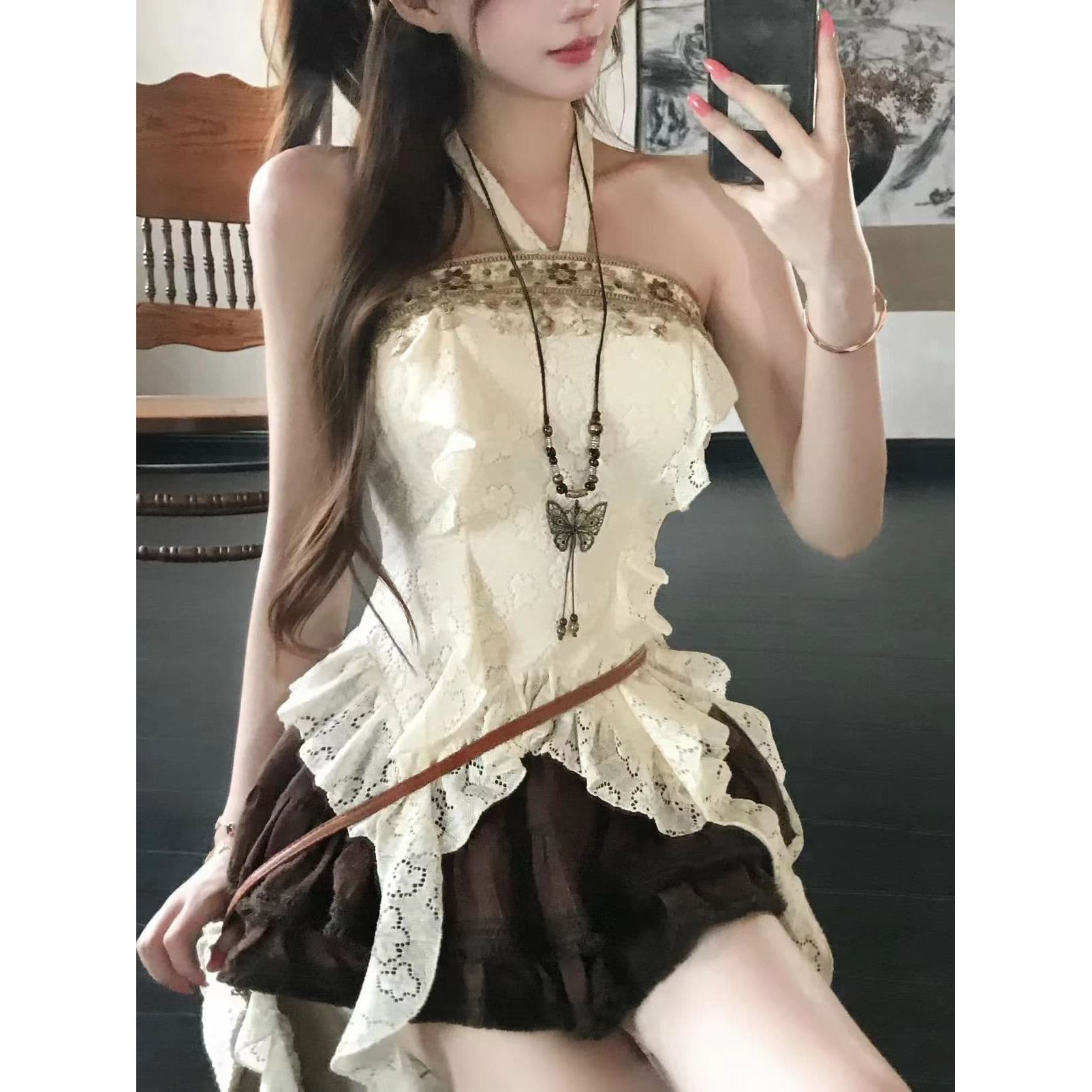 Nomadic Girl: Bohemian Ethnic Halter-Neck Top and Short Skirt Set, Irregular Design Two-Piece Summer Set