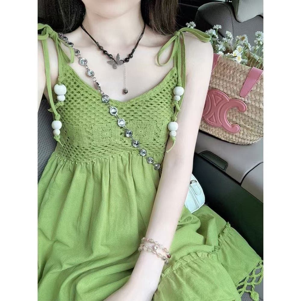 Bohemian Style Two-Piece Green Fringe Sleeveless Camisole Dress for Women Summer Babydoll Dress Dopamine Short Dress