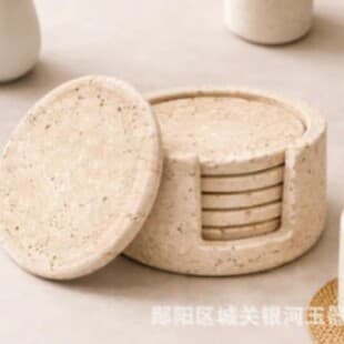 Natural Yellow Travertine Round Coaster Set with Storage Rack, Wabi-Sabi Style Coffee Wine Heat Insulation Pad, Hotel Homestay Cup Mat