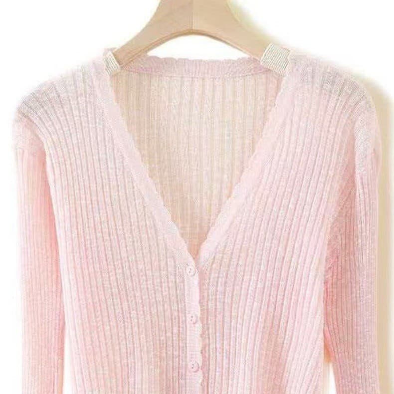 French-Style High-End V-Neck Ice Silk Knit Sun-Protective Cardigan for Women, Summer Thin Shawl Outerwear, Sheer Jacket
