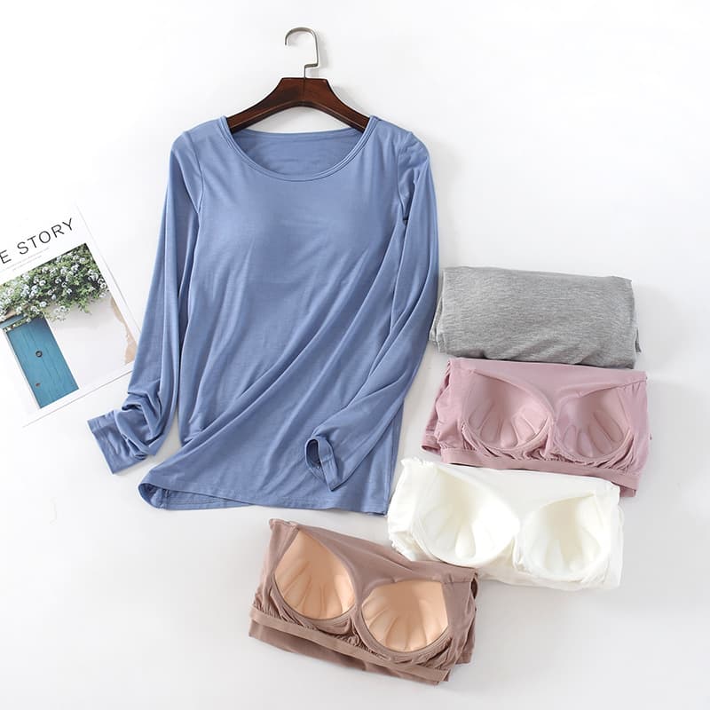 Modal long-sleeved bra with padding, women's bra top with integrated cups and no underwire - slim fit.