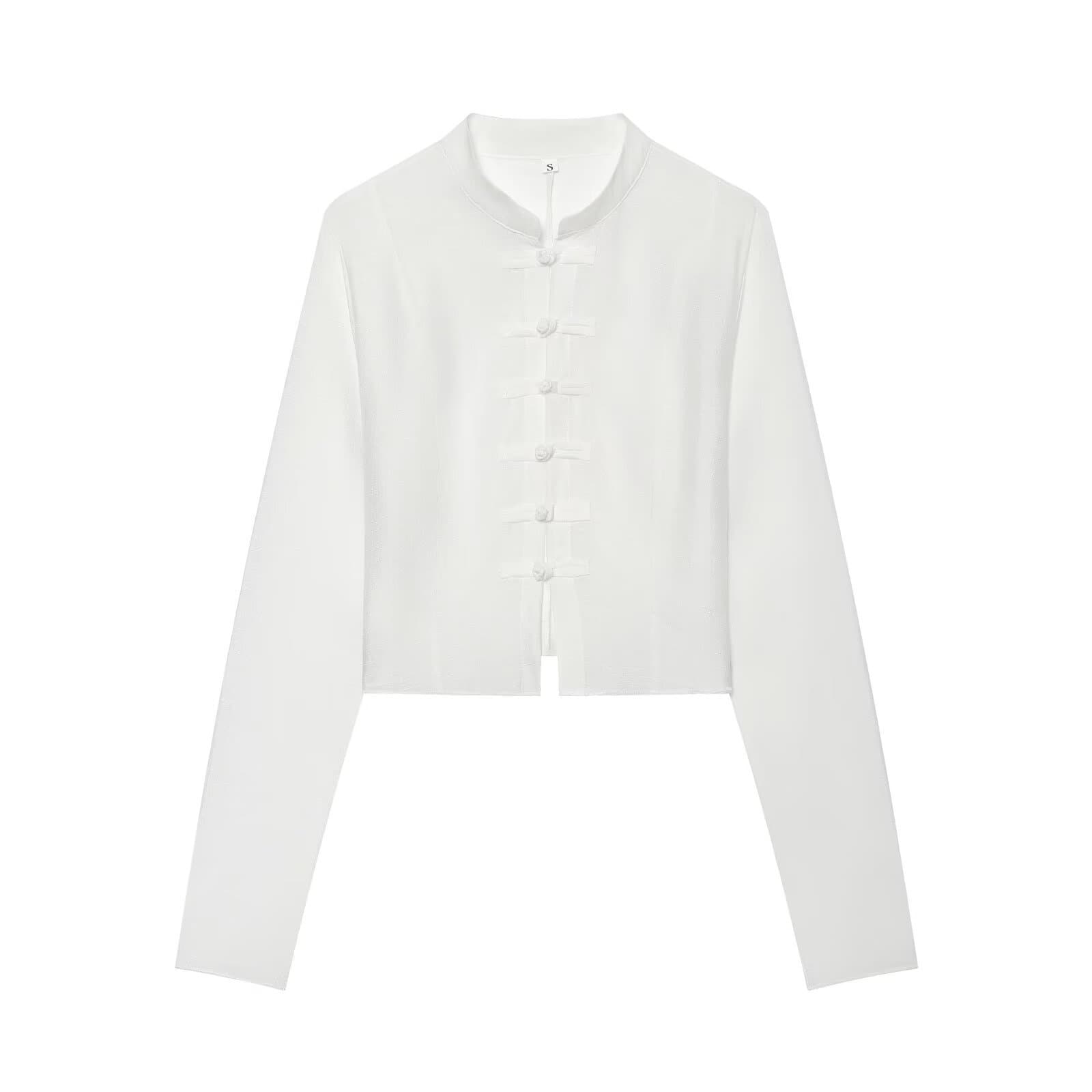 1540-New European and American clothing fashionable temperament stand-up collar high-quality disc buckle texture slightly see-through shirt for women