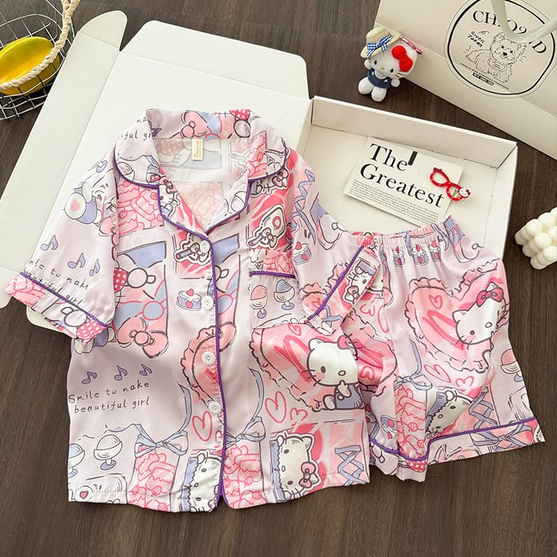 Factory Wholesale In-Stock Pajamas for Girls and Boys, Cartoon Summer Ice Silk Cardigan Short-Sleeve Pajama Set