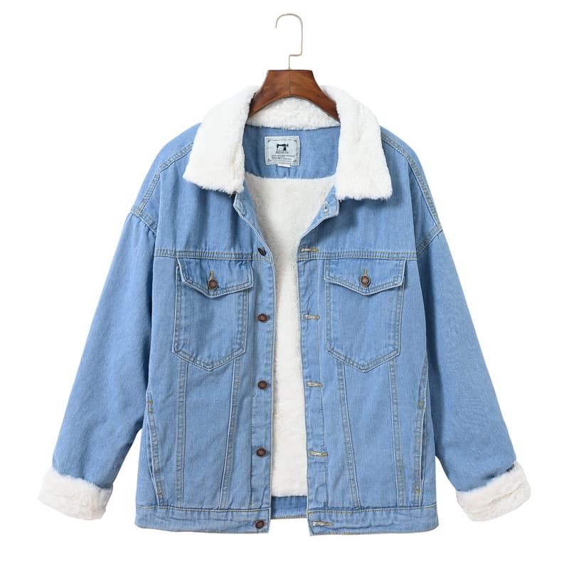 Trendy Korean-style Denim Jacket for Women with Lamb Fleece Lining, Winter Casual Light Blue Faux Rabbit Fur Lined Coat