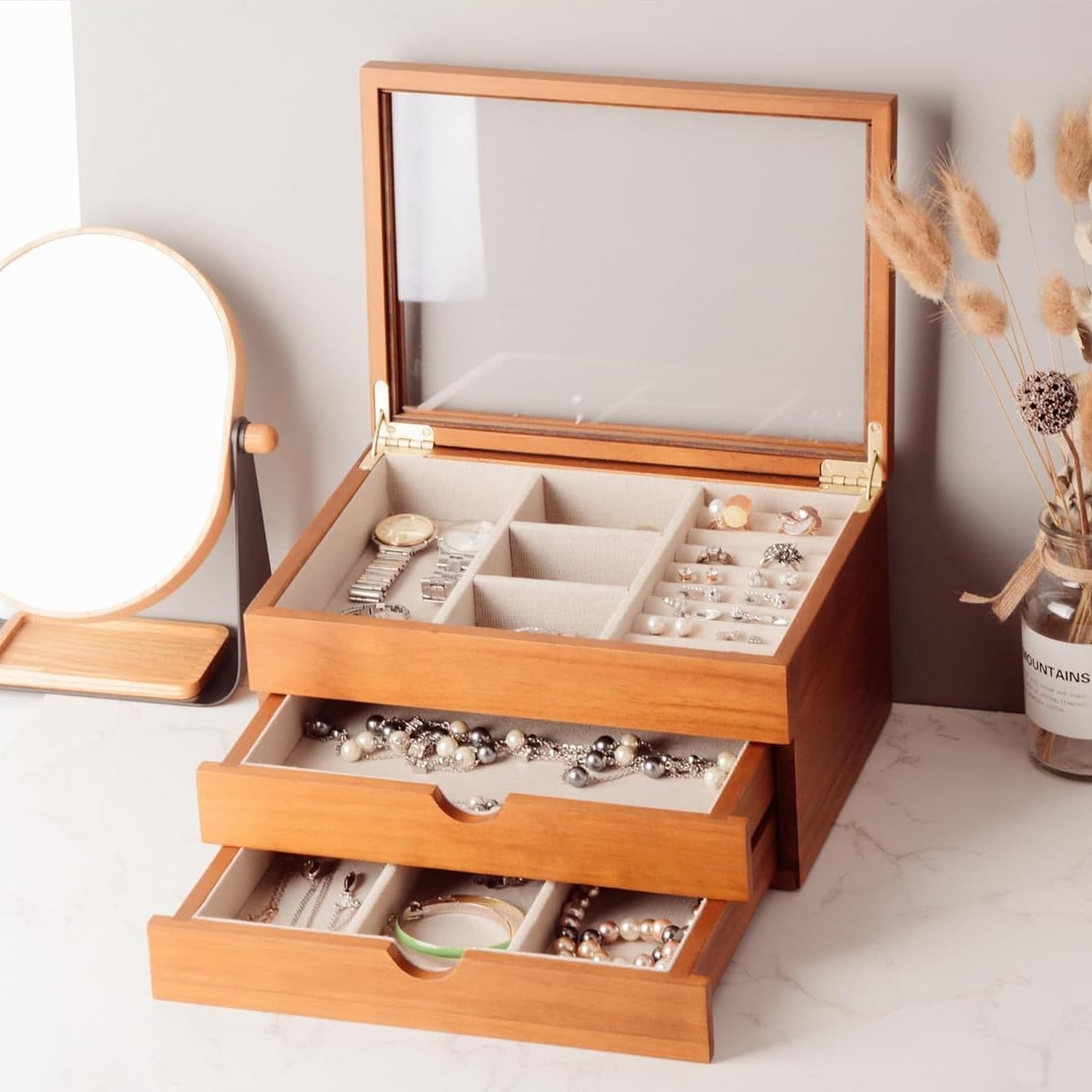 Cross-border Solid Wood Double-layer Women's Jewelry Box with Mirror Jewelry Organizer Ring Tray Wooden Display Vintage Box