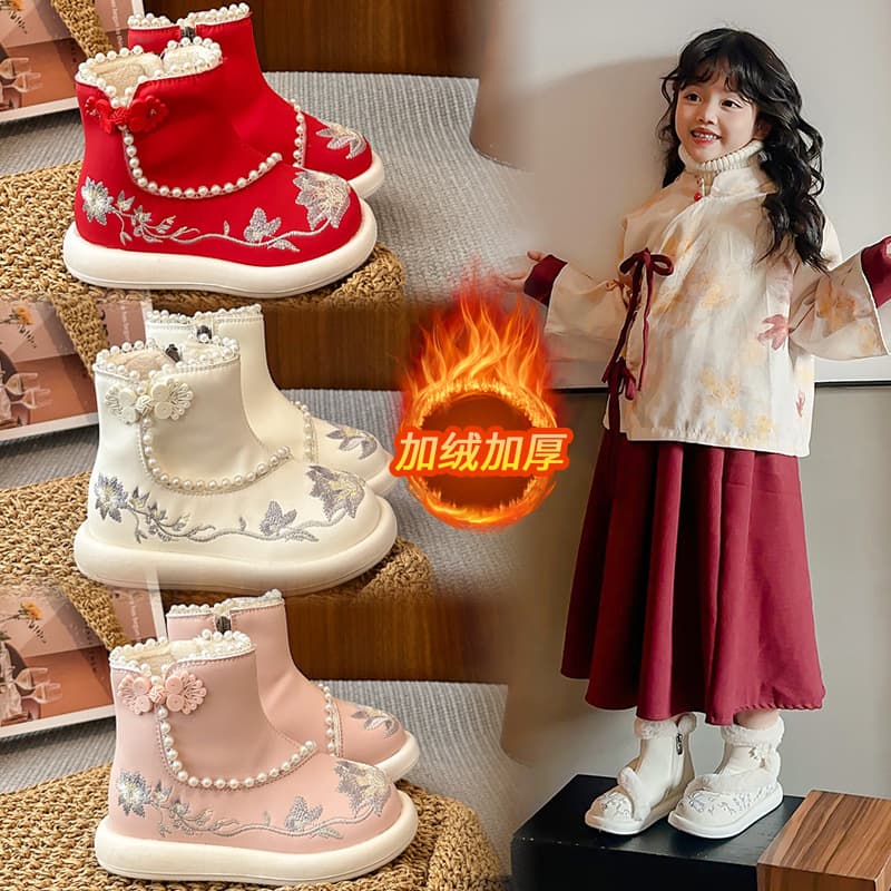 Girls' Cotton Shoes 2025 Winter New Children's Hanfu Shoes New Chinese-Style Snow Boots Ancient Style Little Girl Boots National Style