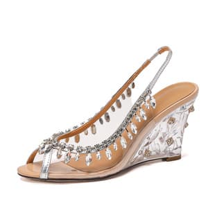 European American Style Sequins Wedge Heel Peep Toe Shoes~Rhinestone Chain Banquet Shoes Round Toe Back Strap Crystal Heel Open Toe Sandals