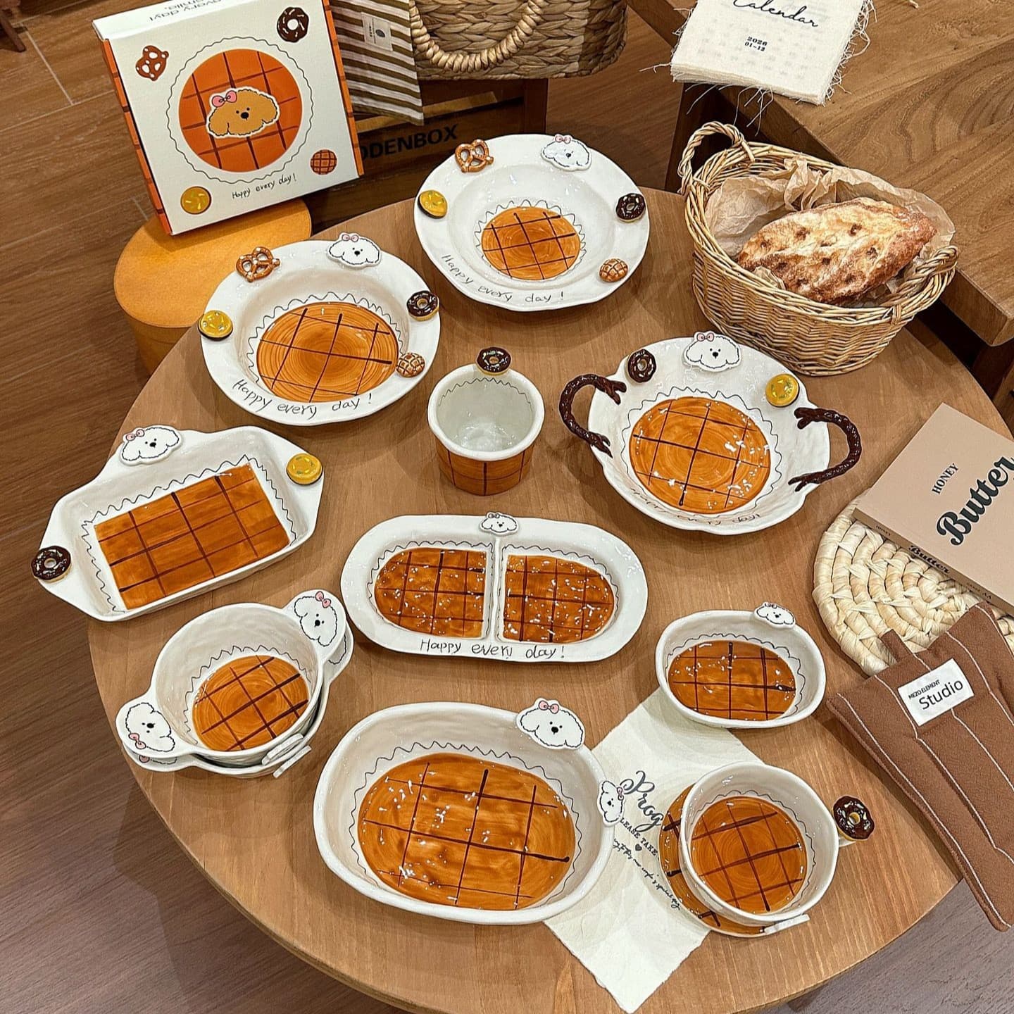 Caramel Puppy Tableware Set - Under-glaze Ceramic Bowls and Plates, Beautiful Western-style Divided Plate