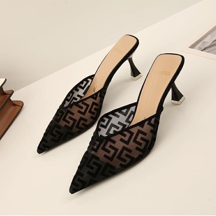 Women's Slip-On Mid-Heel Closed-Toe Mules 2024 Summer New Style, Fine Heel Breathable Mesh Pointed-Toe Slippers