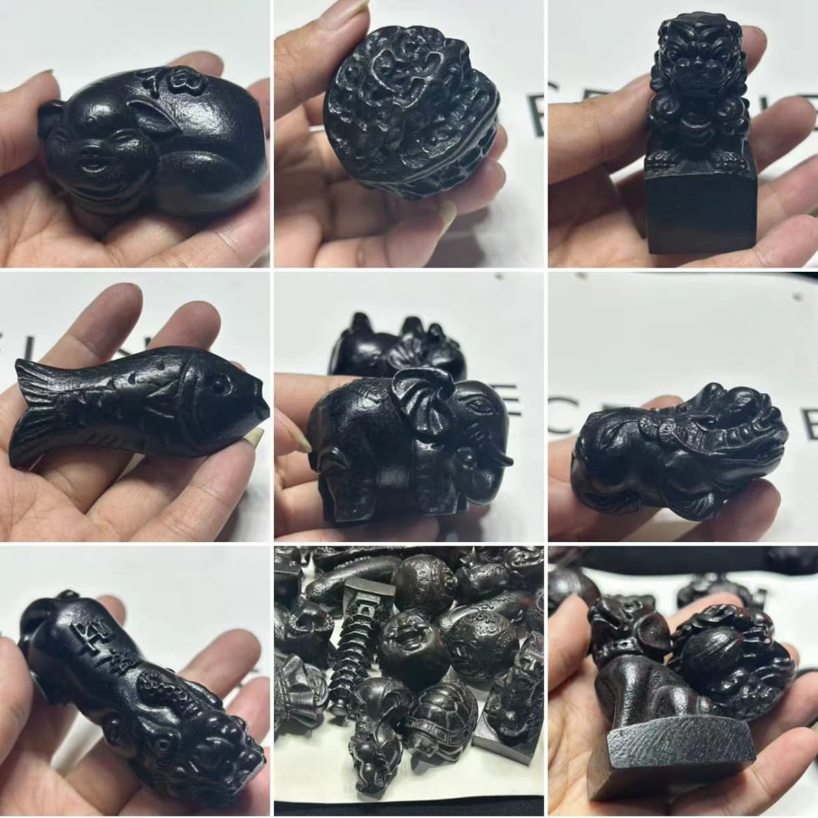 Multiple styles of ebony hand pieces, black wood carving ornaments, craft gifts, solid wood carving Pixiu health balls, etc., wholesale