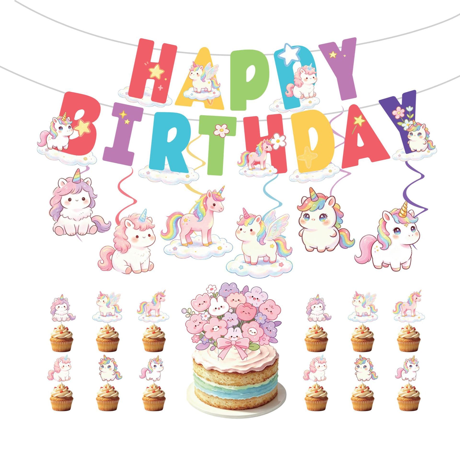 Unicorn-themed birthday decorations, flag-raising girls' party decorations, colorful spiral charms, atmosphere props