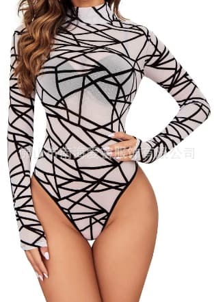 New European and American Fashion Sexy Long Sleeve High Neck Lace Texture High Waist Bodysuit Sleepwear See-Through