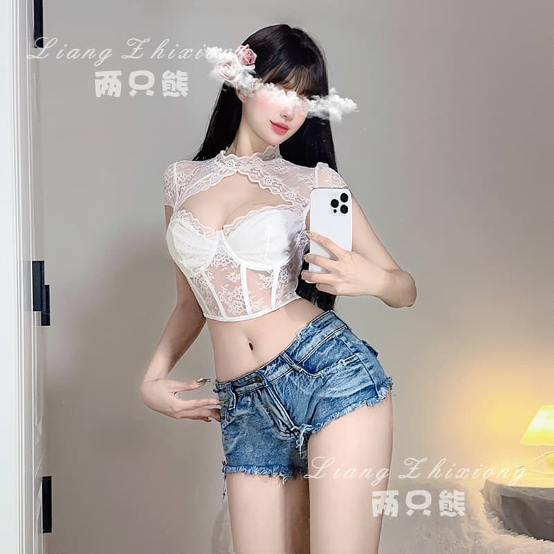 Sexy Round Neck Lace Diamond Cutout Steel Ring Corset Crop Top for Daily Wear