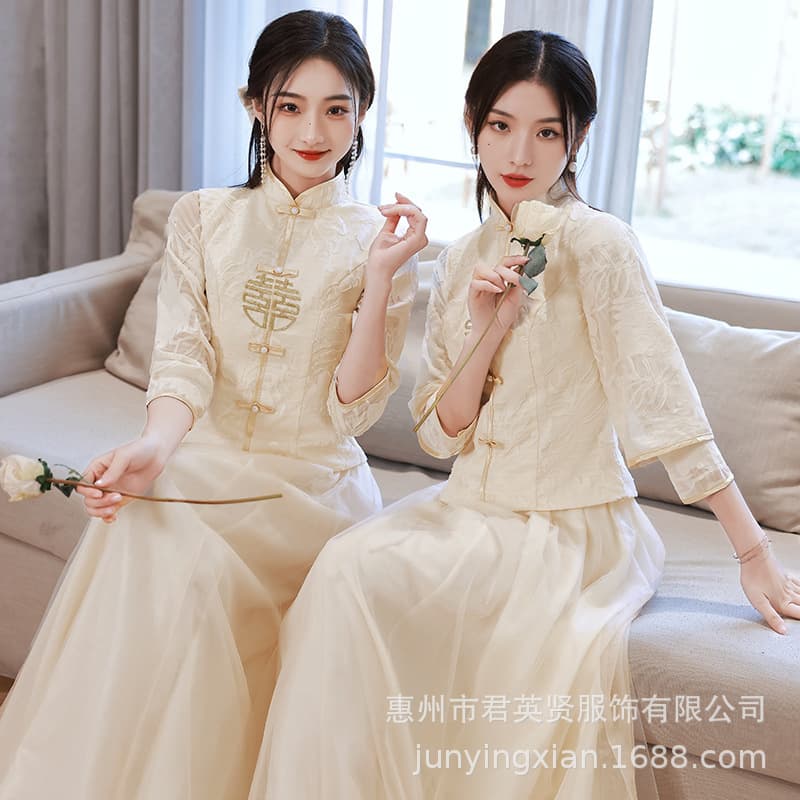 Chinese-style Bridesmaid Dress Summer New Style Champagne Sister Dress Chinese Style Petite Wedding Cheongsam Bridesmaid Skirt