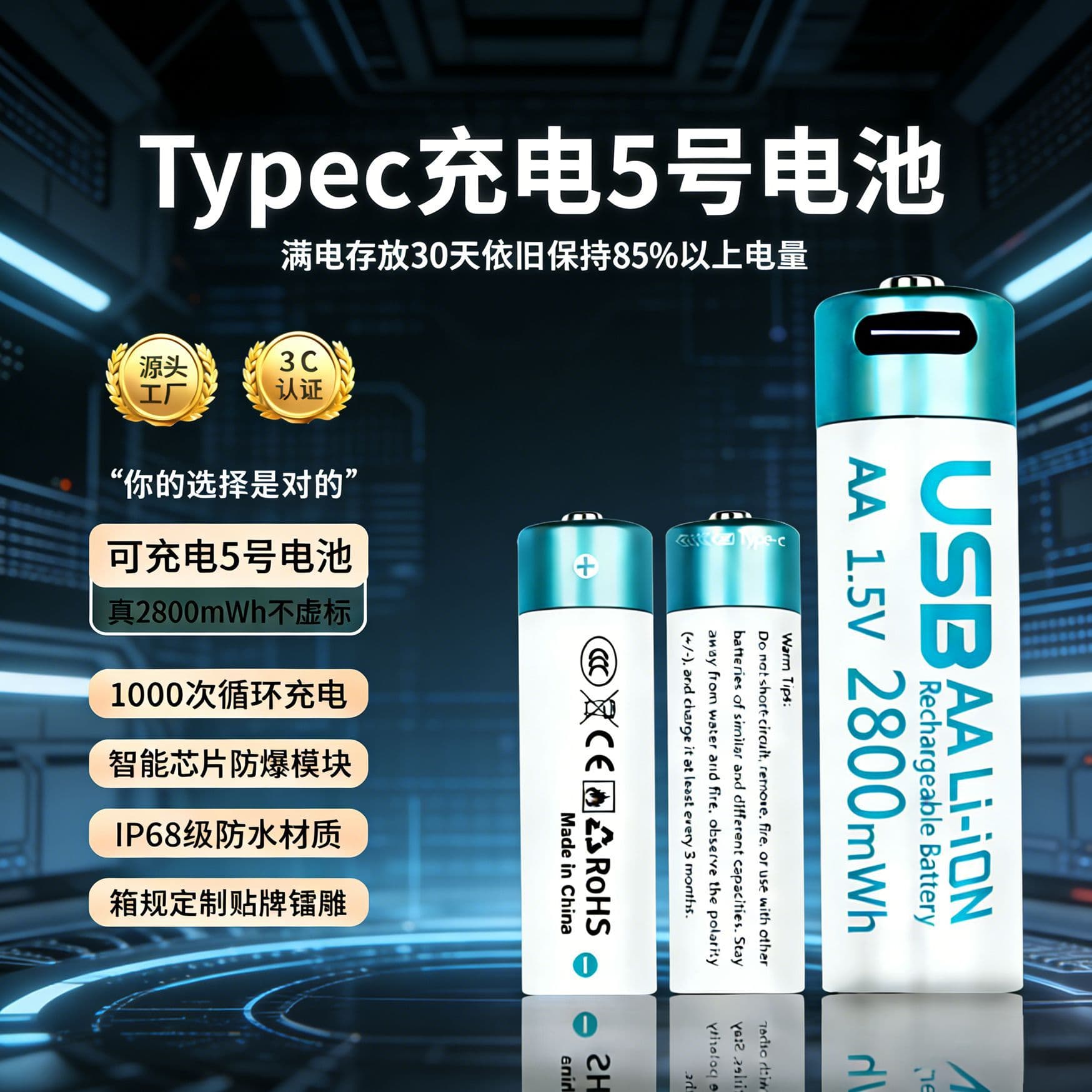 AA Rechargeable Lithium Battery Type-C Rechargeable Portable High Capacity Lithium Battery 1.5V Mercury-Free