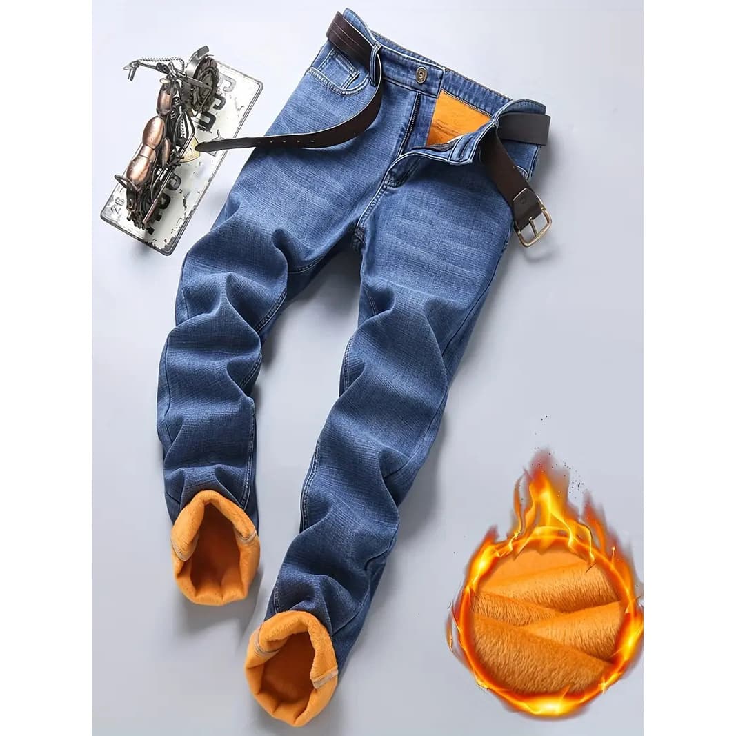 Men's fleece-lined jeans, thickened for winter, versatile, cross-border men's clothing, warm, casual, slim fit, high-waisted, dropshipping available.