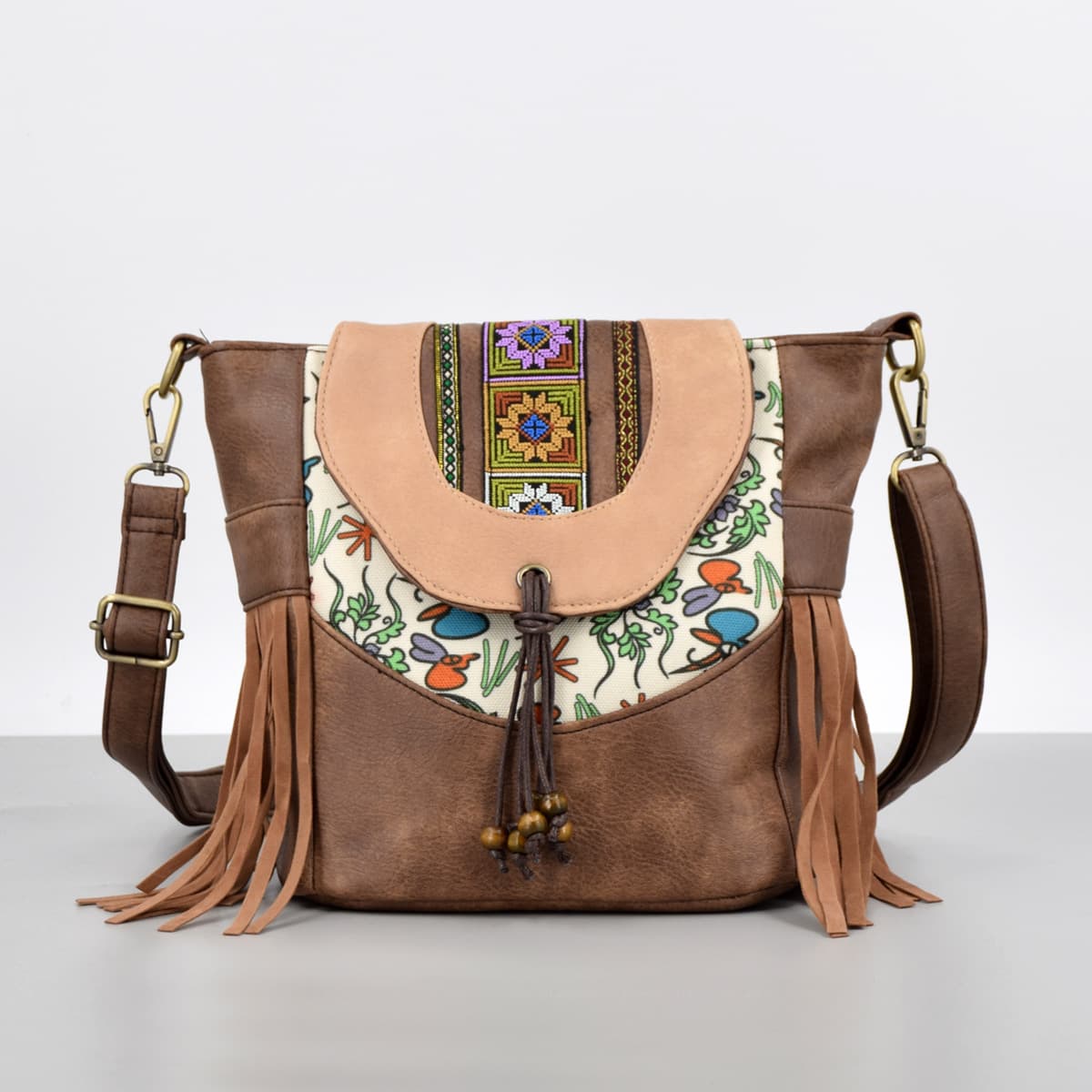 Vintage Patchwork Contrast Embroidery PU Crossbody Phone Bag Canvas Tassel Small Square Crossbody Bag