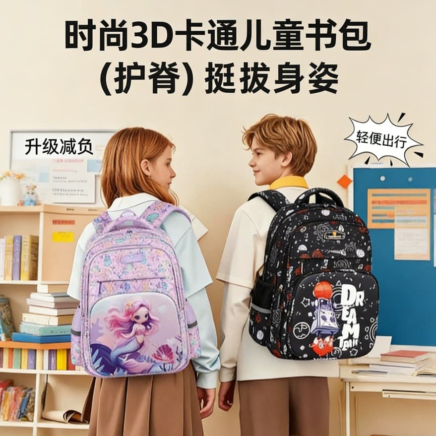 Best-selling schoolbag for foreign trade, cartoon 3D spine-protecting large-capacity backpack for elementary school boys and girls, cross-border double-shoulder design