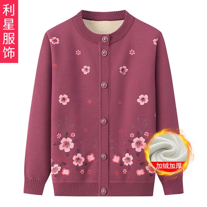 Winter Cardigan for Elderly Women, Fleece-Lined Thick Chunky Knit Coat, Grandmother Jacket