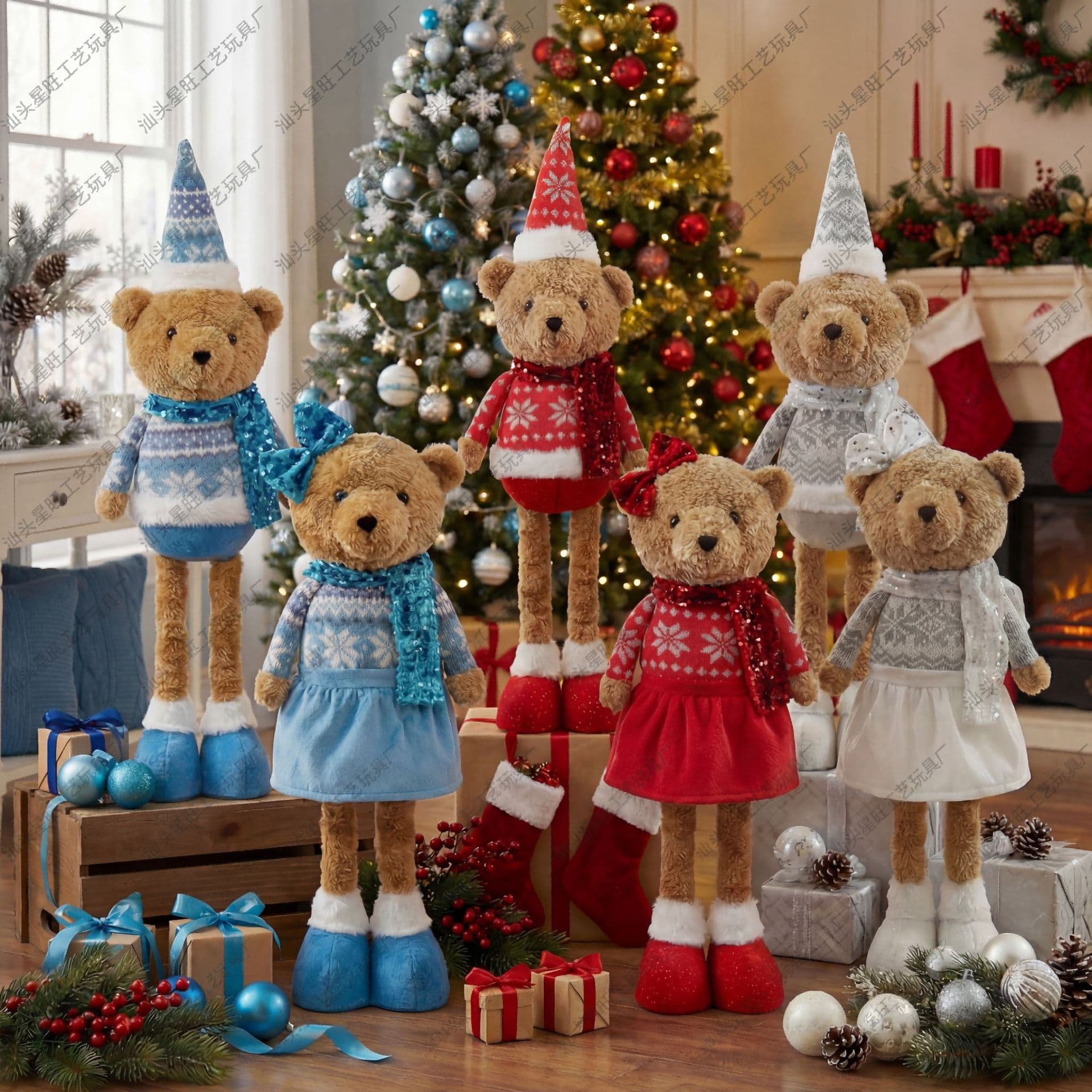 Christmas Extendable Teddy Bear with Sequin Scarf Decoration Doll