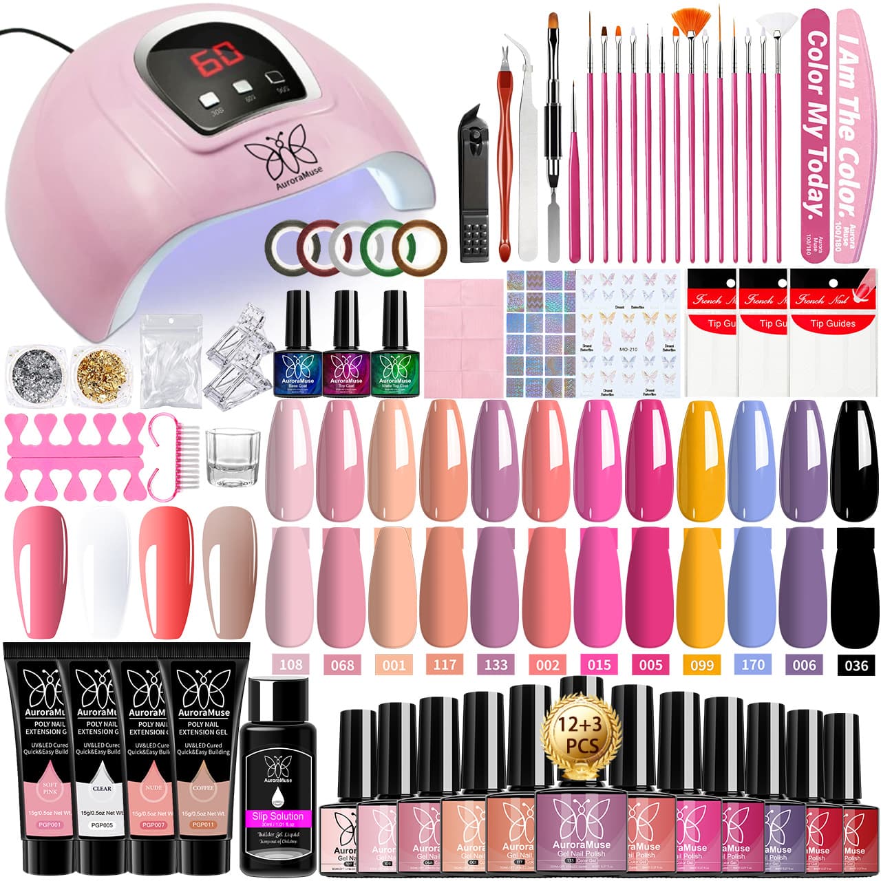 12-Color Nail Gel Polish Set with 4-Color Extension Gel, High-Power Nail Lamp, Nail Files, and Full Nail Art Accessories