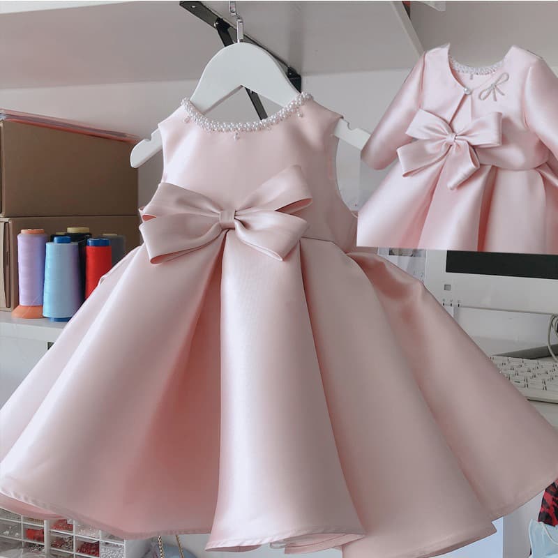 Baby Girl 1st Birthday Dress Satin Beaded Princess Tutu Flower Girl Party Gown Summer