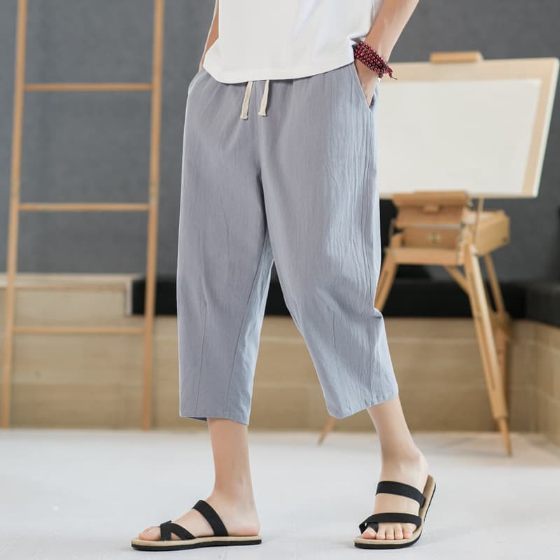 Men's Summer Thin Cotton Linen Loose Casual Pants Seven-Foot Length Classic Solid Color Mid-Waist No Belt Rope Closure